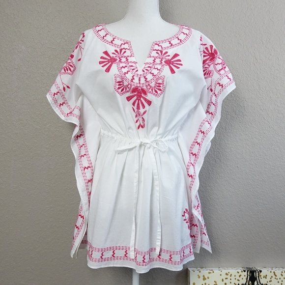 Tasha Polizzi Tops - Tasha Polizzi White Pink Embroider Boho Tunic Top
